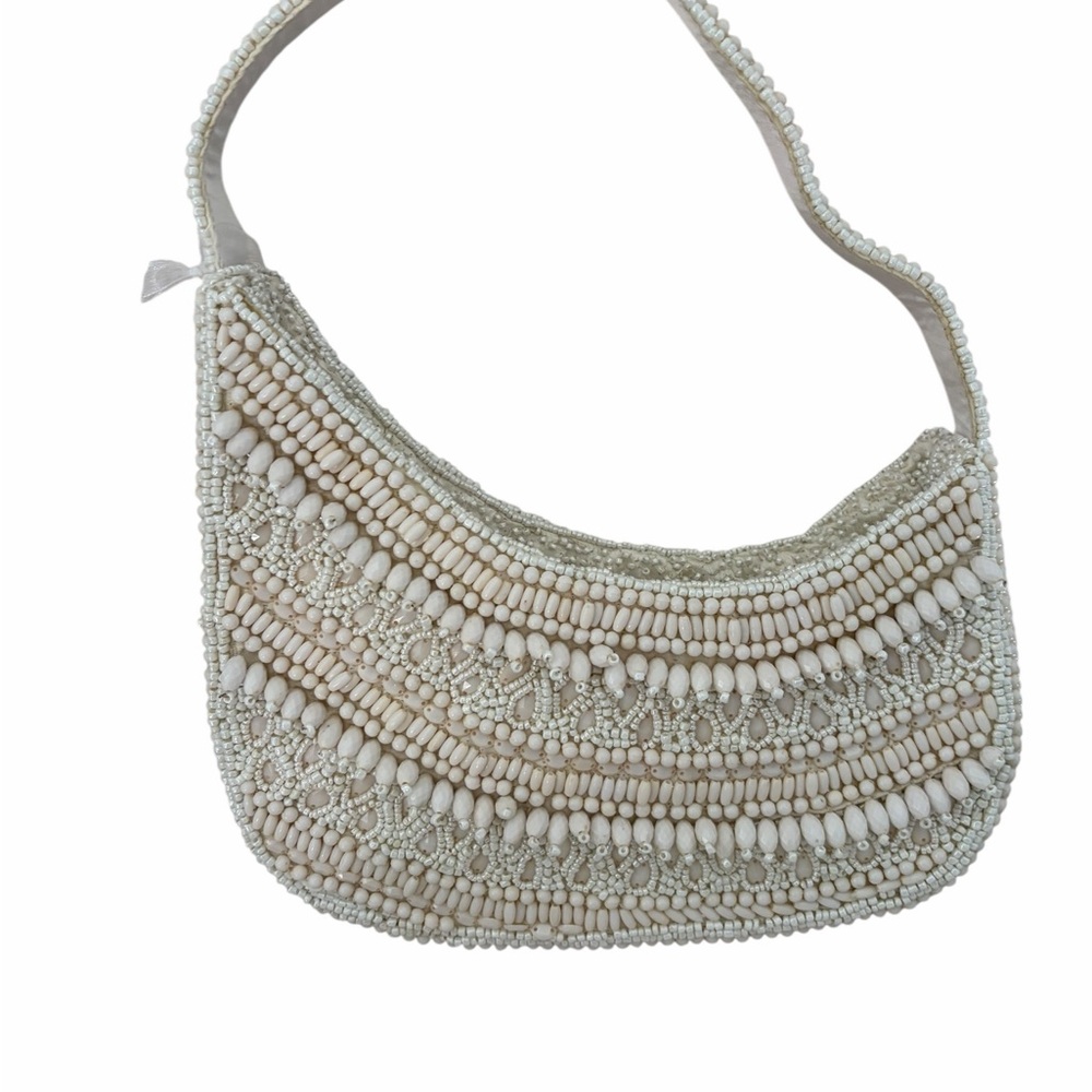 From India to You Moon-Shaped Cream Beaded Shoulder Bag with Elegant Embroidery
